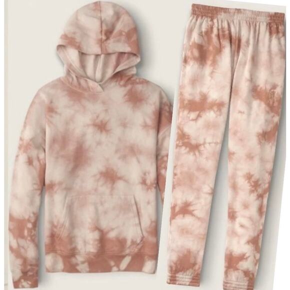 Victoria Secret Pink Hoodie Jogger Set Stucco Beige Cloudy Tie Dye M - Picture 1 of 9